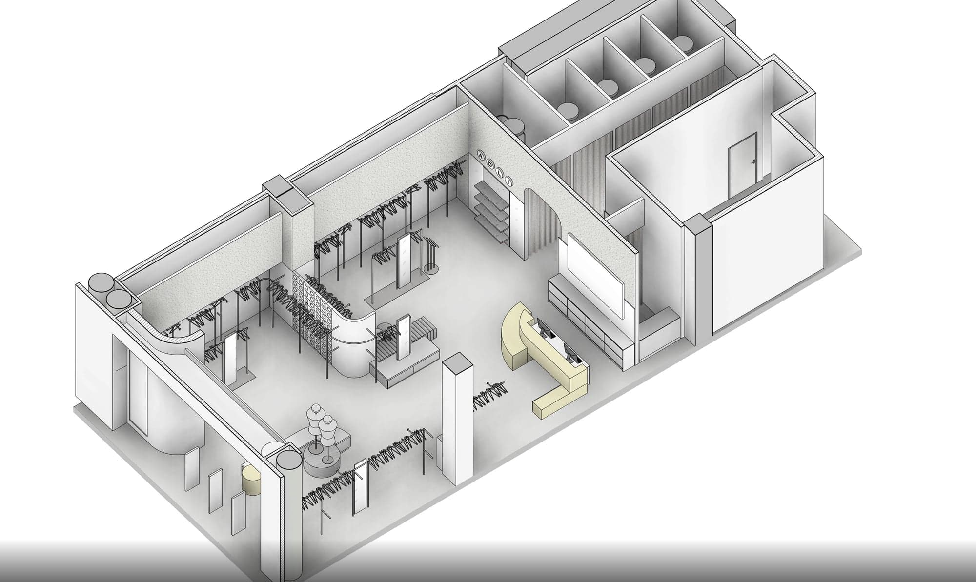 Vue isométrique 3D du projet montrant l'implantation du parcours client, des portants et des cabines d'essayage