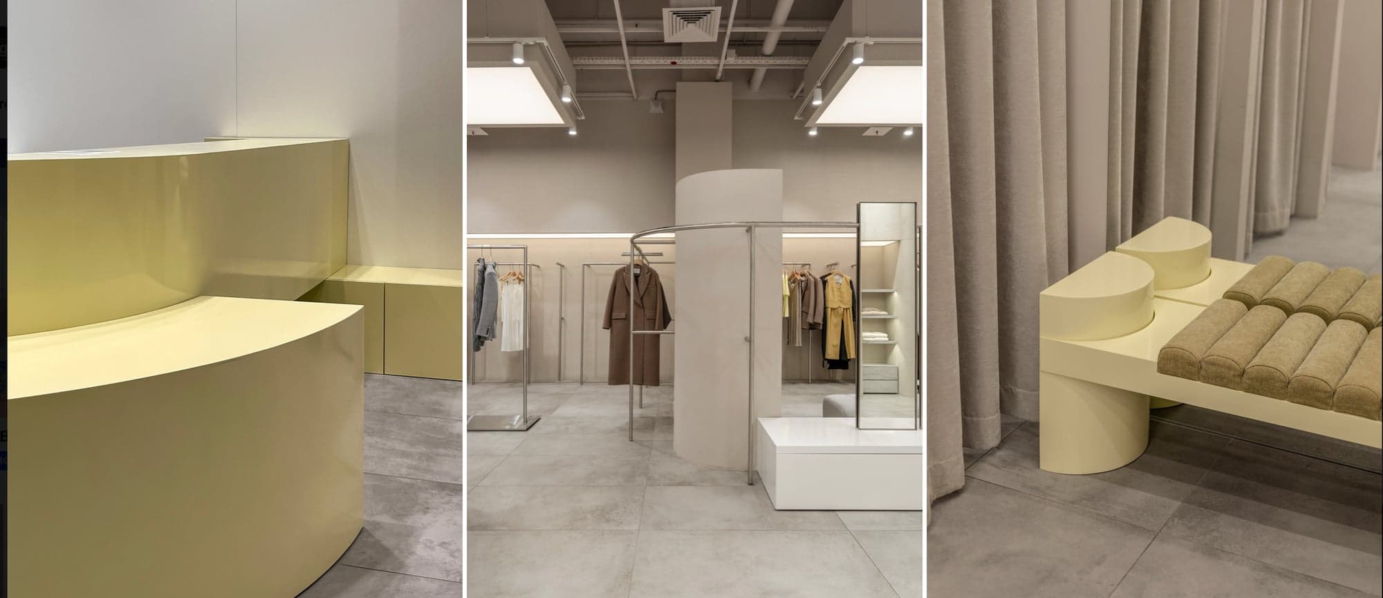 Détail des banquettes courbes en laqué jaune Pantone et caisse