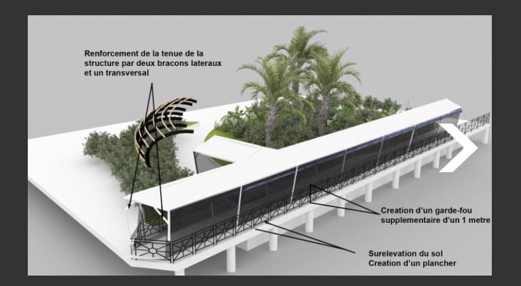 Détail technique du renforcement par bracons latéraux, surélévation du sol et garde-fou supplémentaire