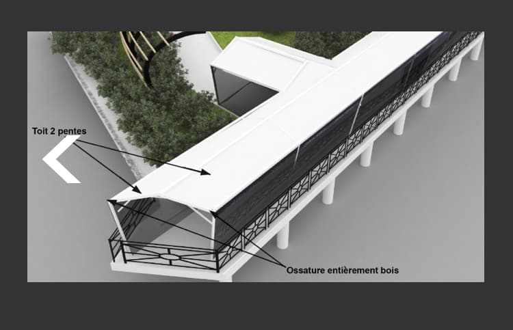 Vue latérale avec ossature entièrement bois et toit deux pentes